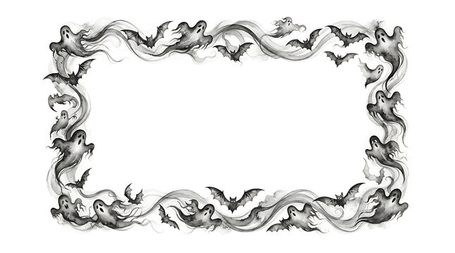Spooky Halloween ghost frame with flying bats, monochrome charcoal border for invitations, eerie smoke and phantom spirits