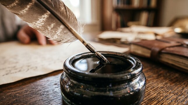 Quill pen dipping inkwell