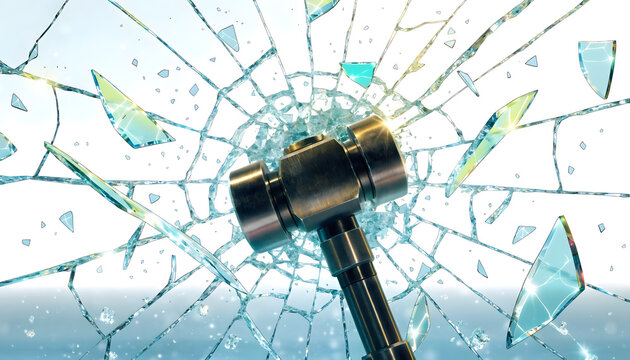 Metal hammer shattering glass window pane into sharp flying fragments. High impact force and security destruction concept. Heavy mallet smashing through transparent glass surface