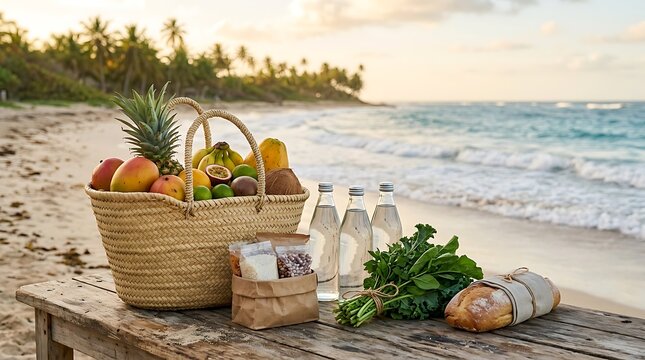 Wicker picnic basket filled with fresh tropical fruits and water bottles on a sunny beach table. beachside grocery