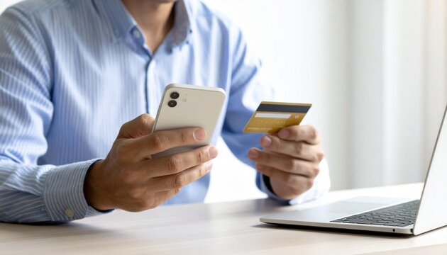 Man using smartphone and credit card for online shopping and digital payment
