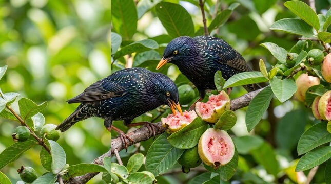 starlings eating guava