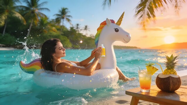 Woman applying sunscreen on unicorn float at tropical beach sunset