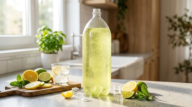 Clear bottle of fresh lemonade with sliced lemons and limes on a wooden cutting board in a kitchen. 2 liter soda