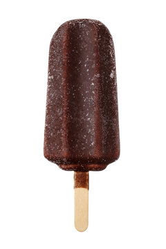 Chocolate ice cream bar popsicle on wooden stick, frozen and frosted isolated. Transparent PNG image.
