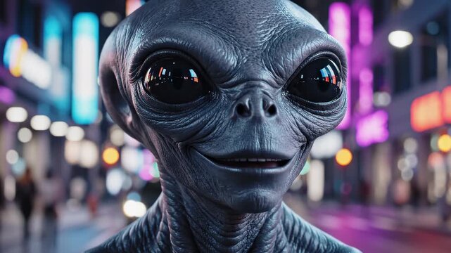 Extraterrestrial Grey Alien Portrait Standing in Cyberpunk City Night Street, Futuristic Sci-Fi Portrait