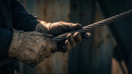 Obraz premium Worker hands in heavy gloves holding a thick steel cable rope