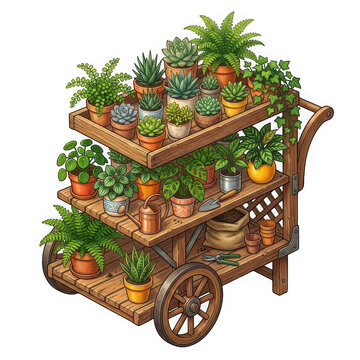 Threetiered wooden garden cart filled with various potted houseplants and gardening tools isolated on transparent background