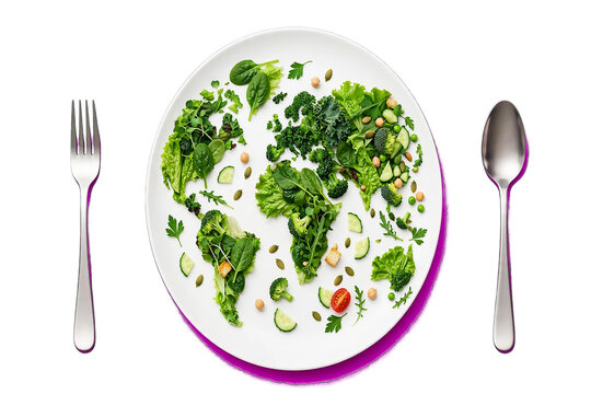 World Food Day Green salad plate shaped as planet Earth with fork and spoon isolated on transparent background