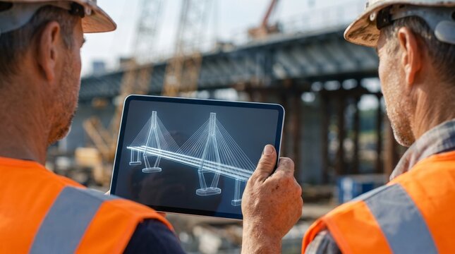 Engineers examining bridge construction plans on a digital tablet