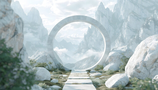 Stone path leading to circular portal in snowy mountains. Journey and new beginnings concept. Concrete archway standing in cloudy landscape