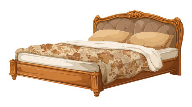 Wooden double bed with an ornate carved headboard and patterned duvet is rendered as a clean vector graphic illustration.
