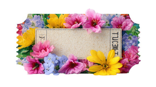 Floral ticket frame decorated with bright colorful blooming flowers and petals isolated on a solid transparent background.