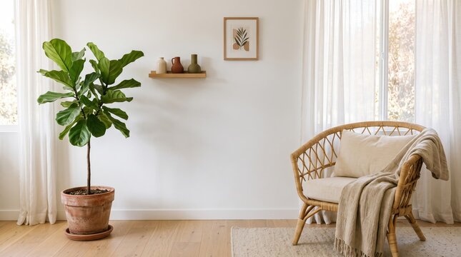 Bright minimalist living room interior featuring a cozy wicker armchair with blanket, large fiddle leaf fig plant in terracotta pot, wooden floating shelf with vases, and sheer