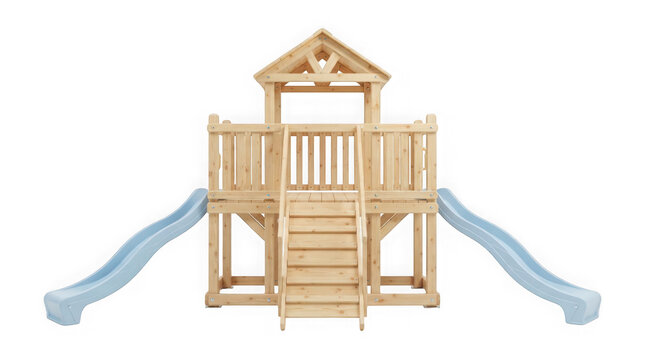 Wooden playground structure with two blue slides isolated on transparent background