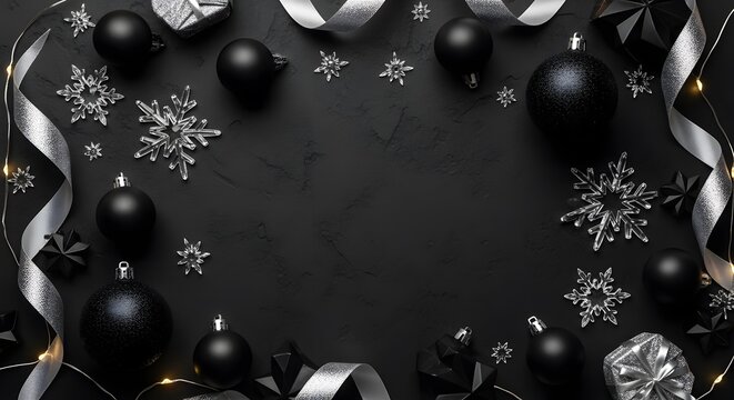 Elegant Christmas Black and Silver Decorations with Snowflakes and Ornaments