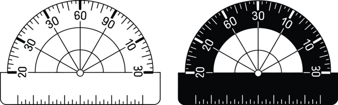 Protractor ruler tools for measuring angles, geometry, drafting, construction, education, engineering, and technical drawing applications.