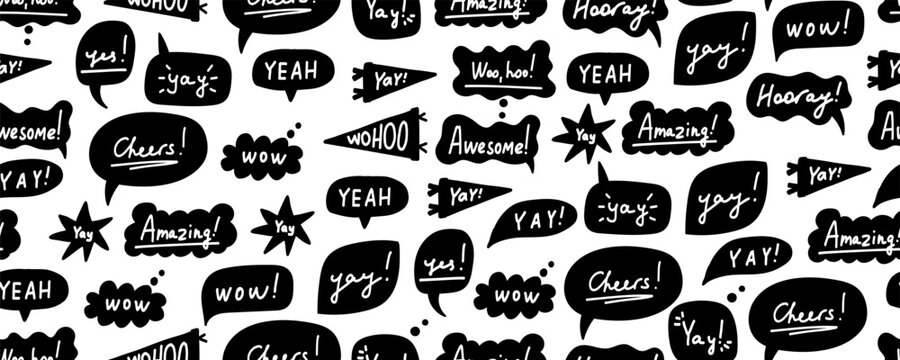 Black Bubble Yay Text Seamless Pattern. Bubble Speech Balloon Background. Comic Positive Type Think Bg. Vector Handdrawn Illustration