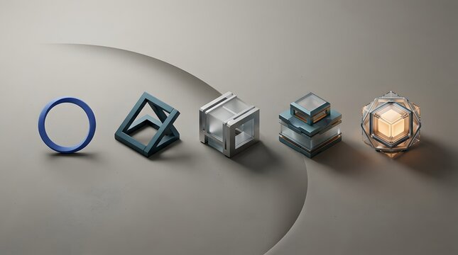Abstract 3D progression of five geometric shapes on curved neutral surface, starting from simple blue ring to complex glowing crystal cube, representing evolution and innovation.