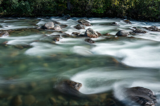 Palmer Alaska nature landscape at Little Susitna River and forest in Talkeetna Mountains, long exposure photography