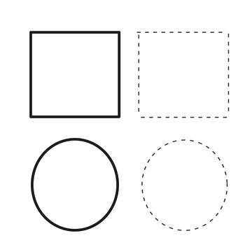 Dotted circle cut line. Dashed-line circle and square icons. Dotted circle and square outlines. Simple dashed circle set isolated. 