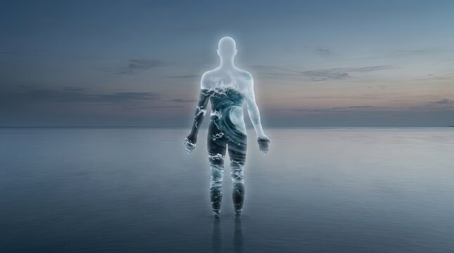 A scream within the heart, Ethereal Silhouette of Ocean Waves at Dusk