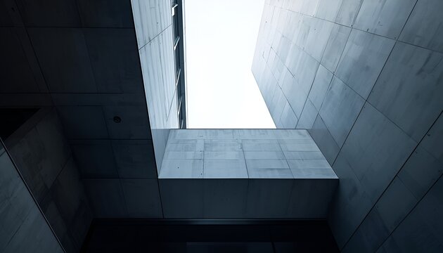 Stark Minimalist Modern Urban Architecture with Clean Geometric Lines, Glass Facades, Concrete and Steel Structures, Dramatic Light and Shadow