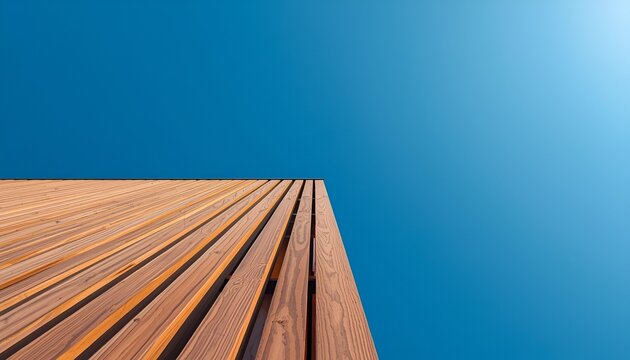 Detailed Wooden Building Lines Against Clear Blue Sky, Modern Abstract Architecture Background with Geometric Facade and Natural Materials