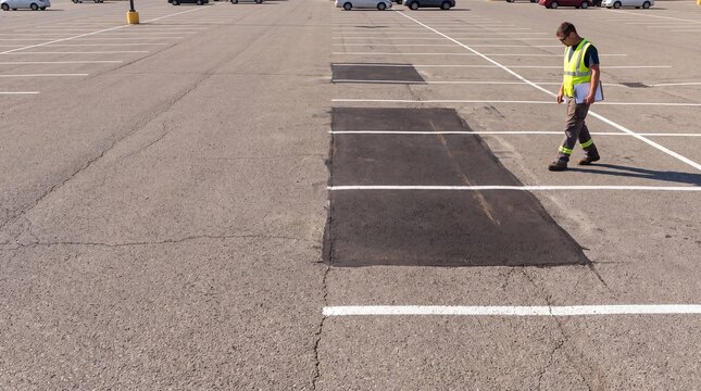 Civil engineer evaluating asphalt patch quality