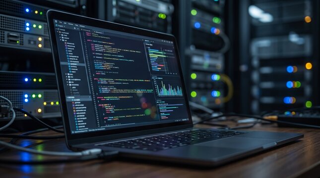 Laptop displaying lines of code in server room environment