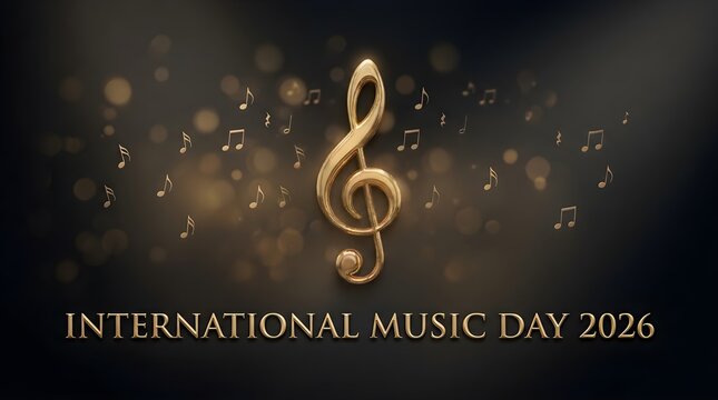 Golden treble clef symbol with bokeh light effects on dark background