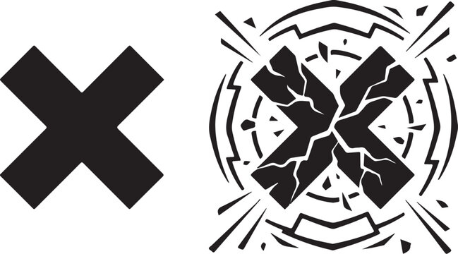 Black X mark icons, shattered cross symbol with explosion effect, broken cross sign vector, cancel and error graphic elements