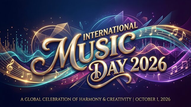 Futuristic vibrant banner with treble clef and lights for International Music Day 2026