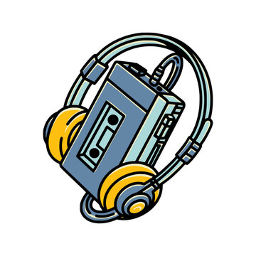 Blue Cassette Walkman with Headphones 80s Retro Vector Illustration