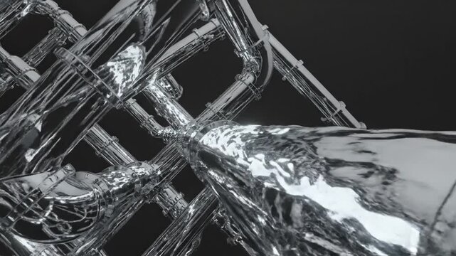 Polished chrome industrial pipes network on dark background