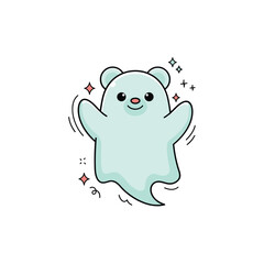 Naklejka premium Cute ghostly bear character with smiling face and sparkling stars for playful kids theme and halloween concept