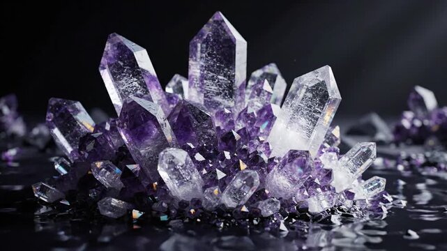 Purple amethyst crystals emerging from dark reflective liquid surface