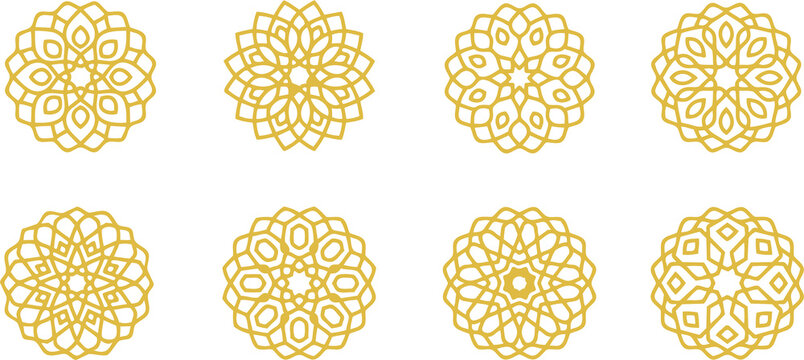 Set of circular gold mandala and ornamental flower patterns on white background