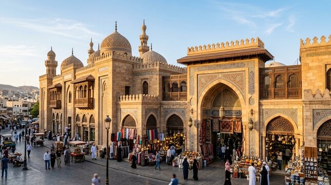 Egyptian Bazaar Street Scene with Mosque and Market Stalls