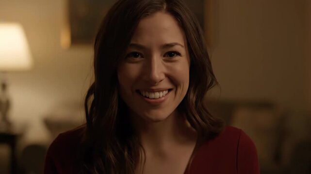 Close-up smiling image of an indoor woman, smiling woman in red