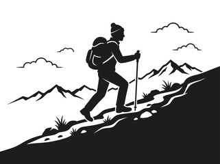 Fototapeta premium Black silhouette of a hiker climbing a steep mountain slope with a backpack and walking stick in a scenic landscape