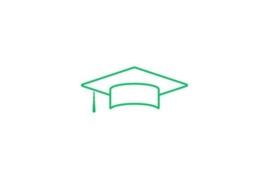 Green line art vector icon depicting a classic academic graduation cap mortarboard with a detailed side tassel hanging from the cap