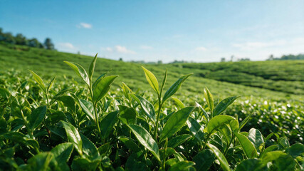 tea leaf in green field and blue sky