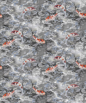 Seamless background, elegant Koi fish swimming in ink-colored waters with abstract white ripples and sophisticated Japanese textures