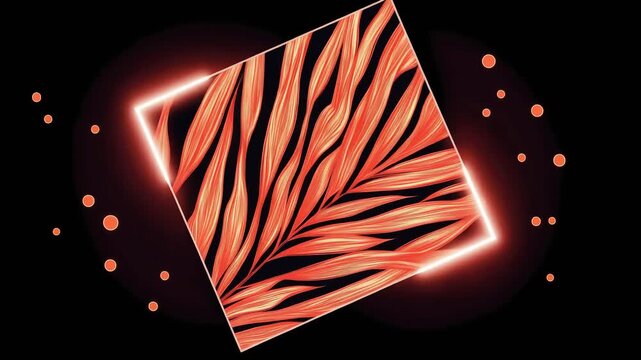Glowing neon square with red tropical leaf texture and floating particles on dark black background