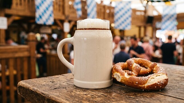 Beer stein and fresh pretzel on rustic wooden table