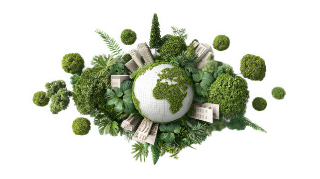 Green earth globe model surrounded by lush miniature forest trees and sustainable city buildings on a plain transparent backdrop.