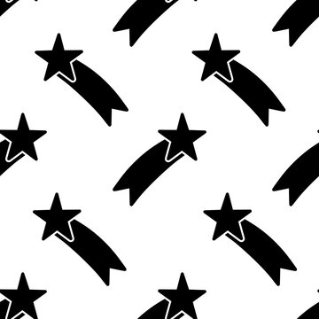 Shooting star silhouette seamless pattern, starry night background, black