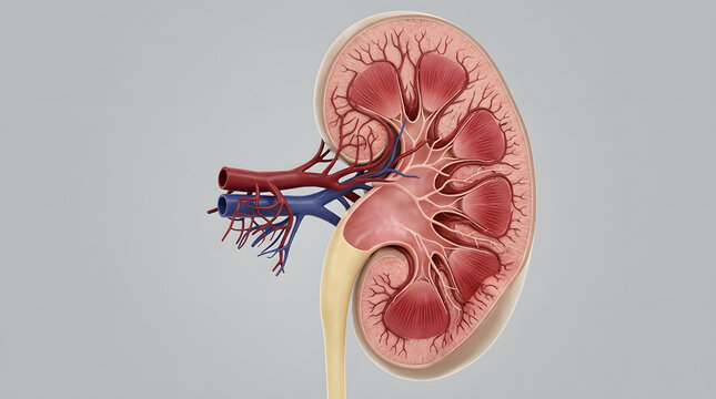 Detailed 3D anatomical illustration of a human kidney in longitudinal cross section revealing renal cortex, medulla, pyramids, pelvis, and branching blood vessels featuring anatomy and d render