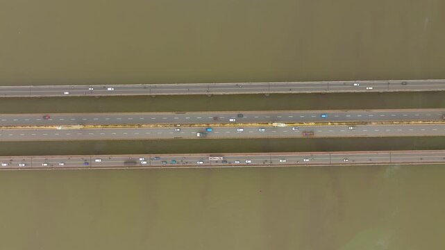 Mandovi River bridge aerial view Atal Bridge, Goa drone shot